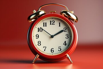 A red alarm clock sitting on top of a table. AI image.