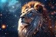 Portrait of a lion on blue bokeh background, with fireworks and snow, christmas and new year concept