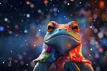 Portrait Of A Frog With A Scarf On Blue Bokeh Background, With Fireworks And Snow, Christmas And New Year Concept