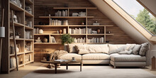 Corner Sofa Against Shelving Unit, Scandinavian Home Interior Design Of Modern Living Room In Attic In Farmhouse. 