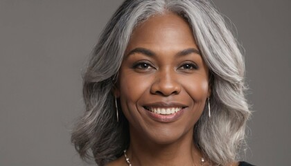 Poster - Beauty and cosmetics skincare advertising concept featuring a beautiful black woman with smooth healthy face skin and long gray hair