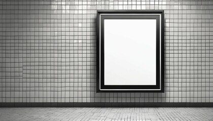 Wall Mural - Tile wall background in subway station with blank white digital billboard black frame light box, empty poster advertisement for mockup, design, display, marketing