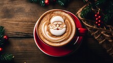 Cup Of Latte Coffee With Santa Claus Shape Art On Foam, Top View. Christmas And New Year Background.