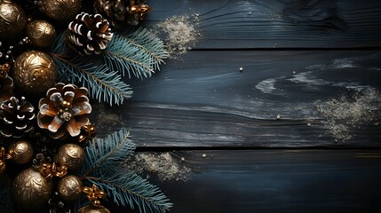 Wall Mural - Christmas background with fir branches, golden cones and snowflakes on dark rustic wooden background