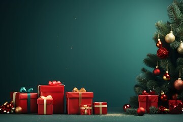 Wall Mural - Christmas tree with gift boxes and red baubles on green background. Christmas concept with copy space for text.	