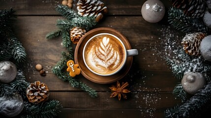 Wall Mural - Cup of latte coffee with christma tree shape art on foam, top view.	