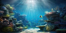 AI Generated. AI Generative. Marine Nautical Undersea Water Ocean Seascape Wild Nature World. Scuba Deep Diving Tour Adventure Explore Vibe Background.