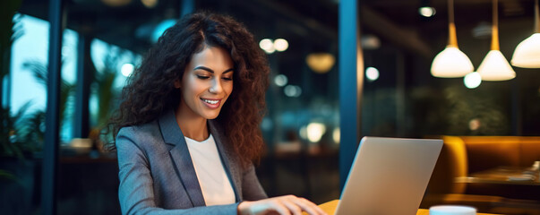 Wall Mural - Professional female employee or a businesswoman using a laptop in a public place. Copy space