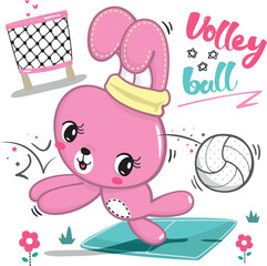 Wall Mural - Cute rabbit girl playing volleyball isolated on white background illustration vector.