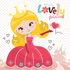 Wall Mural - Cute princess girl with castle on polka dot background illustration vector.