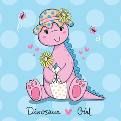 Wall Mural - Cute pink dinosaur cartoon wearing summer hat and holding sunflower on polka dot background illustration vector. T-shirt design for kids.