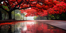 The Flame Tree Royal Poinciana Red Flowers On Floor Generative AI
