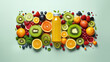 Natural vegetable fruit smoothie in a clear plastic bottle on a flat background with copy space. Freshly squeezed natural juices with fresh vegetables, fruits and herbs. 
