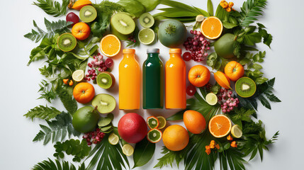 Natural vegetable fruit smoothie in a clear plastic bottle on a flat background with copy space. Freshly squeezed natural juices with fresh vegetables, fruits and herbs. 