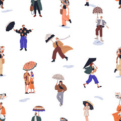 Poster - People under umbrellas, seamless pattern. Rainy weather, day with puddles, happy running, walking characters, endless background design, repeating print. Flat vector illustration for fabric, wrapping