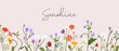 © Good Studio - Spring flowers banner design. Floral background, nature card with gentle field and meadow plants, summer blooms, herbs, fragile wildflowers, leaves border decoration. Flat vector illustration