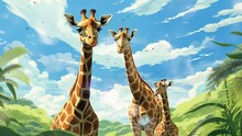 Giraffes In Green Field Background In Anime Illustration Style, 4K Animation