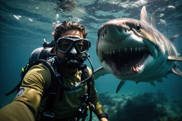 Scuba Diver Surrounded by Enormous Shark Underwater