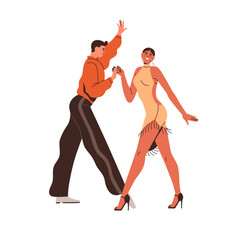 Canvas Print - Duet couple dancers dancing samba. Happy Latin woman, man partners performing to music. Two people in movement, action, performance. Flat graphic vector illustration isolated on white background