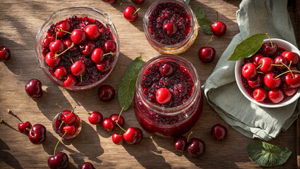 Wall Mural - cherry jam on a kitchen background