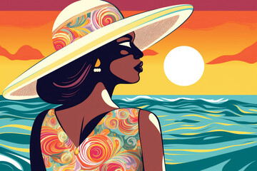 Wall Mural - woman black beige beauty summer concept beach tanned young hat vacation. Generative AI.