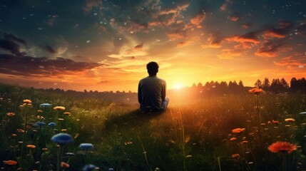 Poster - Man relax and meditate on grass field flower on sunset sky. 