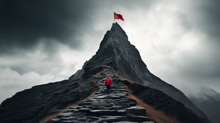 business goals and challenges concept with Man climbing mountain towards flag on top