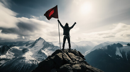 Wall Mural - Man standing on top of mountain with flag, success leadership concept