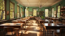 A Bunch Of Classrooms With Desks, In The Style Of Realistic Portrayal Of Light And Shadow, Daz3d, John Sloane, Backlight, Realistic Portrayal, Dark Green, Consumerism Critique