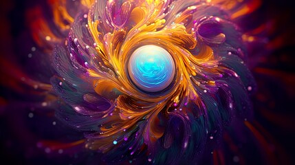Wall Mural - Gorgeous, luminous blue pearl in luxurious gold, purple fluids blend. Fantastical planet emerging from interplay of motion, liquid, beauty. Creative, enchanting backdrop for science, esoteric.