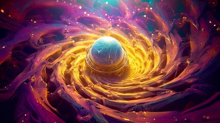 Wall Mural - Gorgeous, luminous blue pearl in luxurious gold, purple fluids blend. Fantastical planet emerging from interplay of motion, liquid, beauty. Creative, enchanting backdrop for science, esoteric.