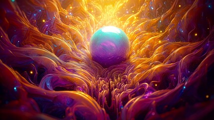Wall Mural - Beautiful blue glowing pearl l in a luxury flow of gold and purple fluid. Fantasy planet, earth being born from motion, liquid and beauty. Unique creation, background for esoteric background, banner.