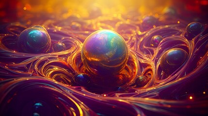 Wall Mural - Beautiful blue glowing pearl l in a luxury flow of gold and purple fluid. Fantasy planet, earth being born from motion, liquid and beauty. Unique creation, background for esoteric,scientific banner.