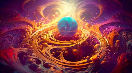 Wall Mural - Beautiful blue glowing pearl l in a luxury flow of gold and purple fluid. Fantasy planet, earth being born from motion, liquid and beauty. Unique creation, background for esoteric background, banner.