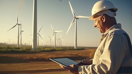 Sticker - man uses tablets while working in a wind turbine with a maintenance engineer. 