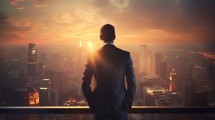 Sticker - silhouette of a business person at on top building in the sunset background