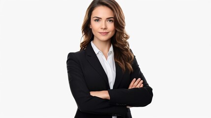 Sticker - businesswoman look with arm crossed at camera isolated on white studio background