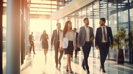 Poster - group of people walking in the office building background