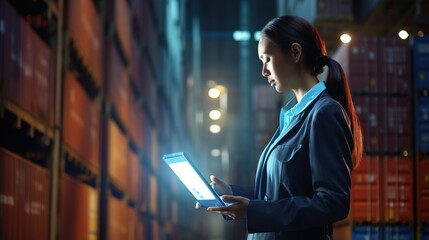 Wall Mural - clever worker operating in the sector. A confident lady factory engineer approaches a switch on the control panel. At an industrial plant, a worker operates a huge equipment. generative ai