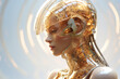 Translucent, sexy robot beautiful woman hybrid, photorealism, and golden Autumn background, AI Generative
