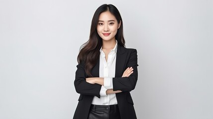 Sticker - Young asian business woman smiling to camera standing pose on isolated white background. Female in suit portrait shot in studio. generative ai