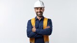 Fototapeta  - Construction worker looking to camera. isolated on white background. generative ai