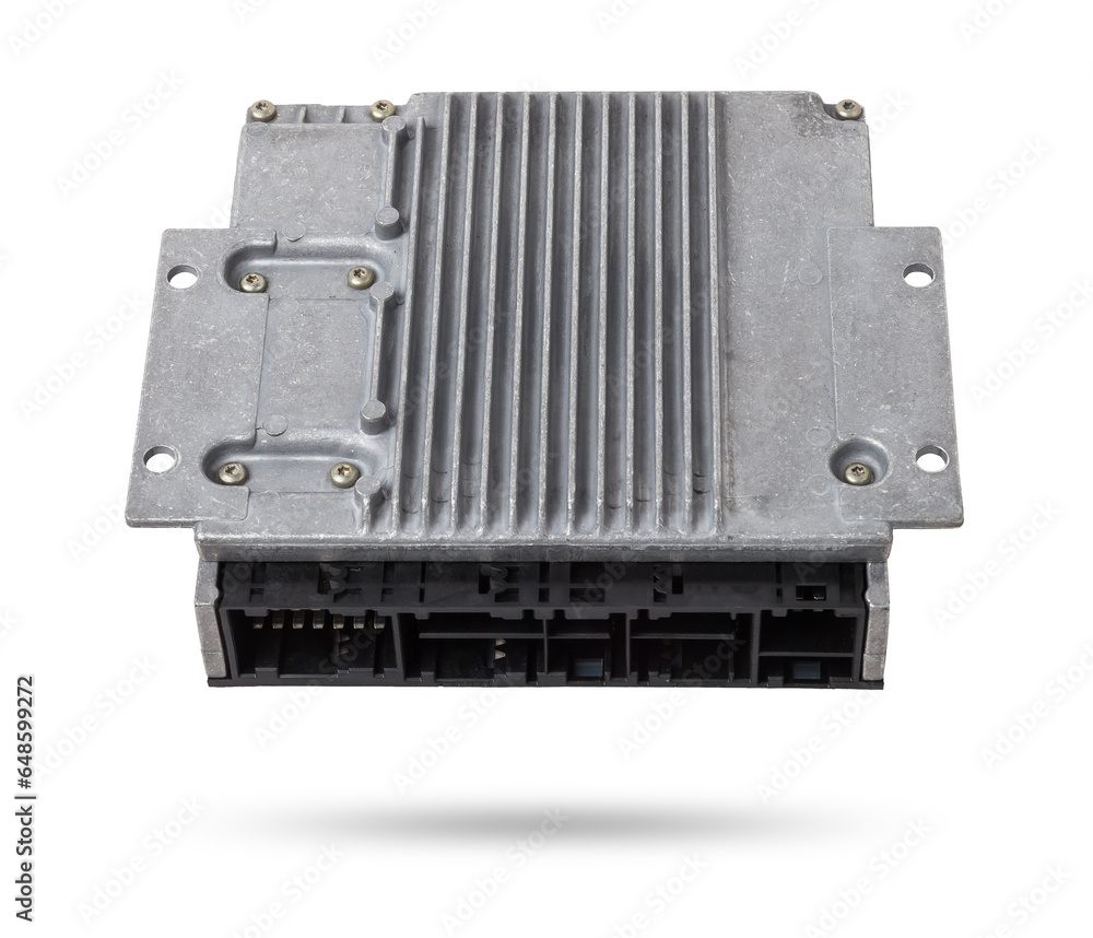 Engine Control Unit Capasitor Plastic car engine control unit with metal elements on a white isolated ...