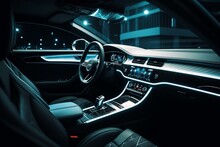 View of contemporary car interior with stylish LED lighting in the night. Generative AI