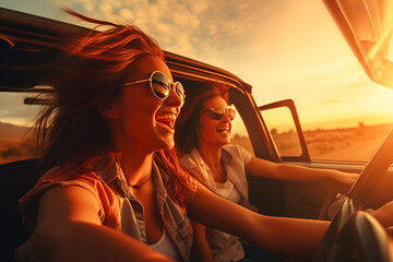 Two happy traveler woman in cabriolet car at sunset time