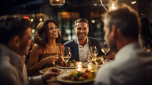 Friends Celebrating a Special Occasion with a Luxurious Tasting Menu , meeting friends at a restaurant, bokeh