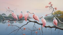 Under The Open Sky, Roseate Spoonbills Can Be Seen Perching On Branches