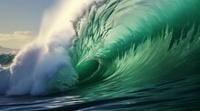 A Powerful Green Wave Crashing Into The Ocean