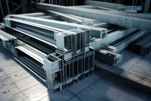 Stacked steel beams on blueprints. 3D visual. Generative AI