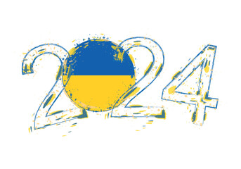 Wall Mural - 2024 Year in grunge style with flag of Ukraine.